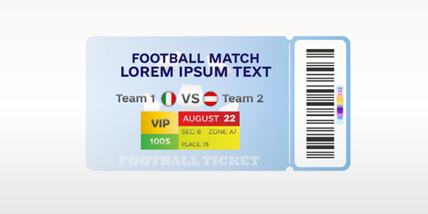 Football match ticket template with barcode and placeholder text on blue background. Sports event admission pass design © Creatmark