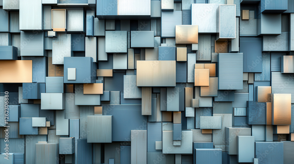 Aufkleber modern abstract wall design featuring geometric shapes in various shades of blue and metallic tones,