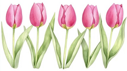 Obraz premium Elegant Pink Tulip Watercolor Seamless Pattern Spring Floral Design Botanical Illustrati