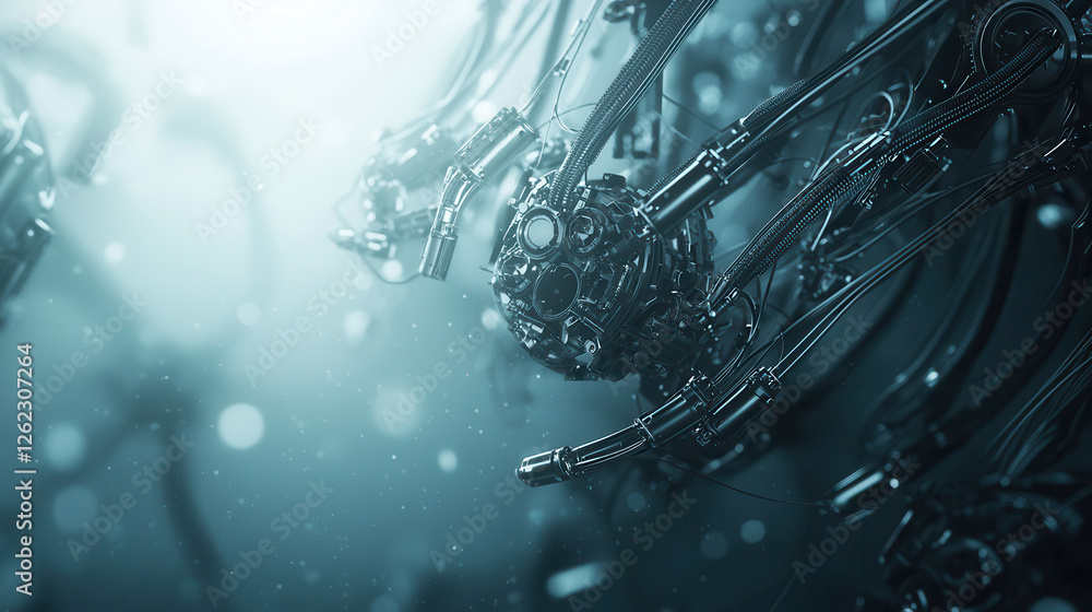 Poster futuristic robotic arms assembling intricate components in high tech environment. scene conveys inno