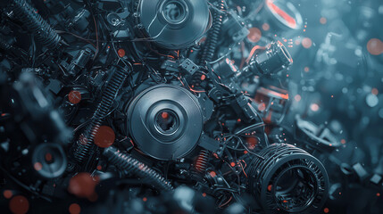 Obraz premium Futuristic scene of robotic components and machinery parts, showcasing intricate details and textures in high tech environment