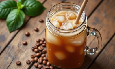 Refreshing iced coffee in a jar