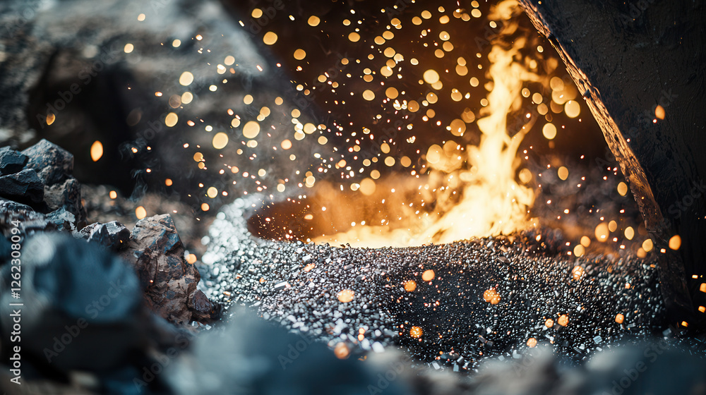 Poster high definition image of steel forging with sparks and molten metal. intense heat and dynamic moveme