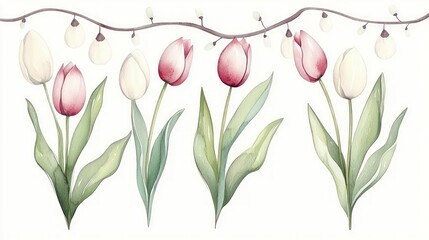 Obraz premium Watercolor Tulips Spring Floral Seamless Pattern Design