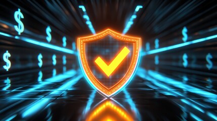 A glowing shield with a checkmark symbolizes online security and trust amidst a backdrop of glowing dollar signs.