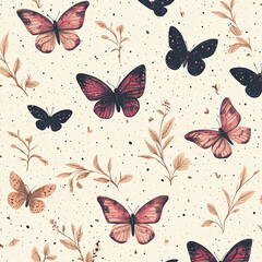 Seamless Pattern With Butterflies and Floral Elements on Light Background