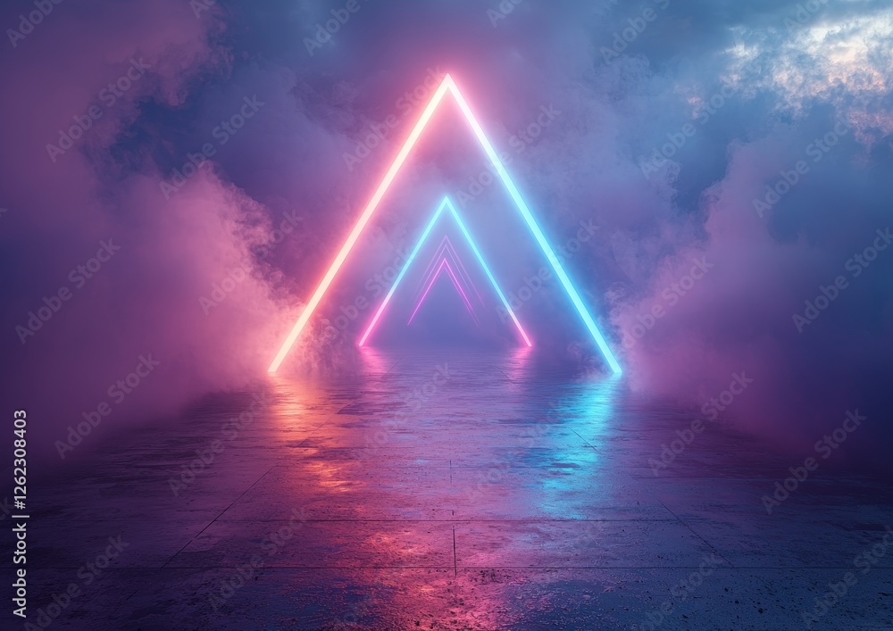 Poster in a dark, empty background, street reflections are visible on wet asphalt. neon light rays shine th