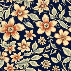 Seamless pattern with stylized ornamental flowers in retro, vintage style. Illustration on navy blue background
