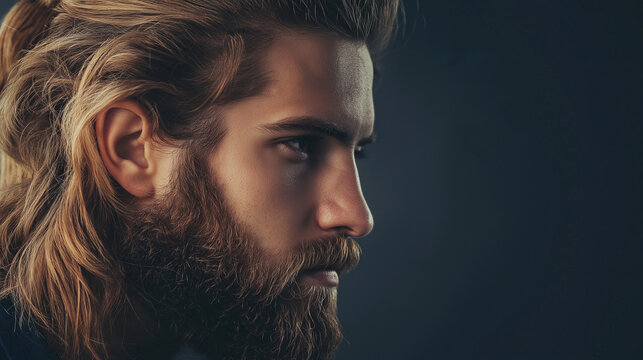 Profil eines b&auml;rtigen Mannes mit langen Haaren in Low-Key Beleuchtung. Markantes M&auml;nnerportrait mit k&uuml;nstlerischer Lichtsetzung und dramatischer Atmosph&auml;re