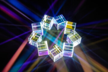 Crystal cube prism with refraction and holographic effect on dark background