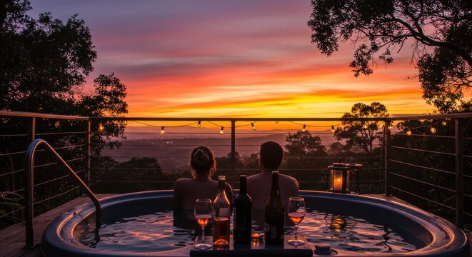 a couple enjoying the sunset at the pool on the hotel balcony