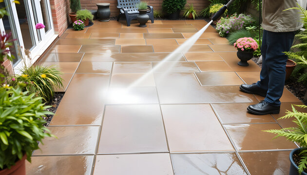 Pressure Washing Paving Slabs Floor in Patio Garden. High Pressure Cleaner Karcher for Cleaning Service Garden Pavement, masterpiece. with white shades