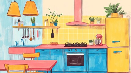 Kitchen room graphic color home interior sketch illustration vector 