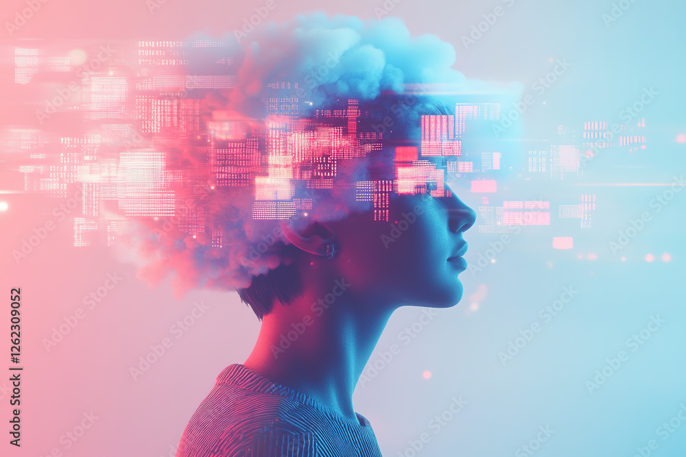 Poster futuristic portrait of a person with floating digital elements and a cloud-like head display in neon