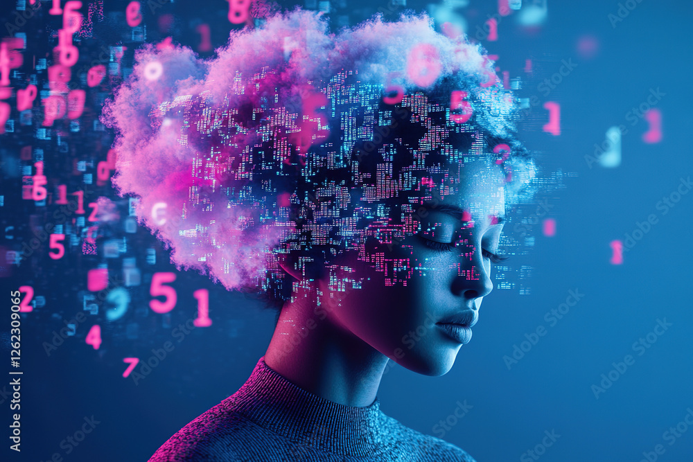Poster futuristic portrait of a person immersed in a digital realm highlighted by floating data and vibrant