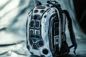 Fototapeta premium Futuristic silver and black backpack with complex design elements