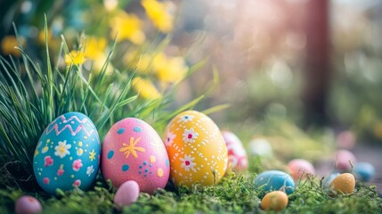 Happy Easter banner with modern design with colorful eggs and bunny and spring grass for holiday greeting. Vector template for congratulations and advertising.