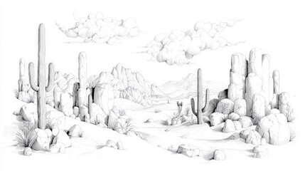 Majestic Desert Landscape  Black   White Pencil Sketch of Cacti  Dunes   Mountains