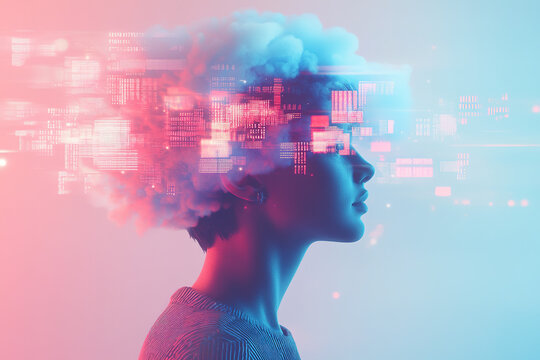 Futuristic portrait of a person with floating digital elements and a cloud-like head display in neon colors