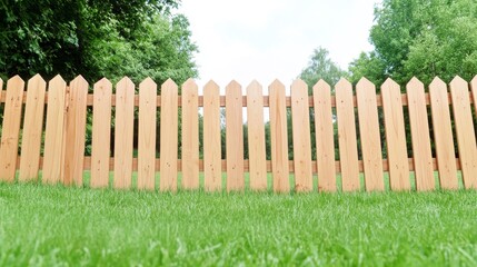 Fototapeta premium Light Brown Wooden Picket Fence In Lush Green Lawn