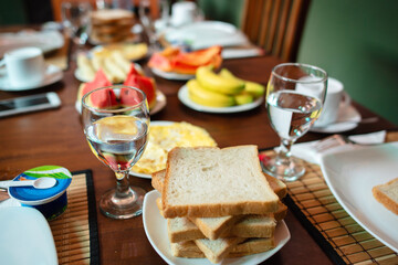Bread and fruits for breakfast