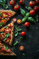 Naklejka premium Stone baked pizza: Freshly baked pizza topped with mozzarella, sliced tomatoes and basil. Italian styled pizza.