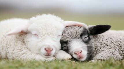 Naklejka premium Two sleeping lambs in grassy field