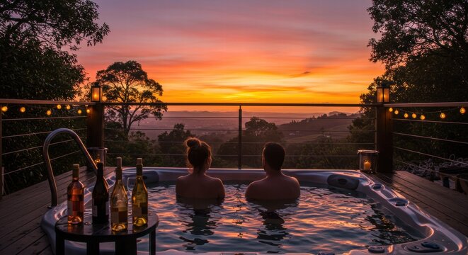 a couple enjoying the sunset at the pool on the hotel balcony