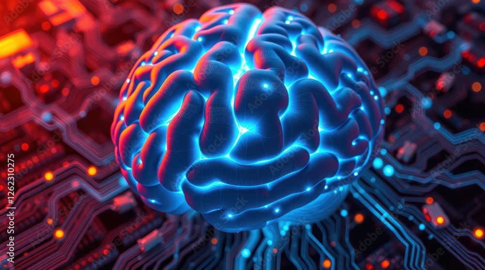 Poster digital brain illustration on circuit board background representing artificial intelligence