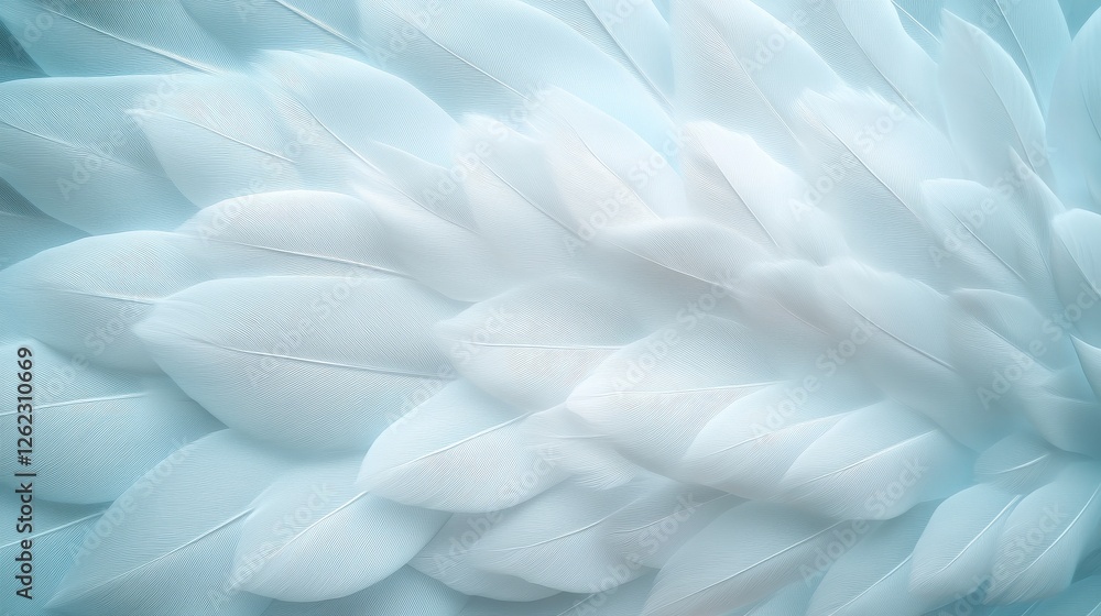 Poster delicate white feathers layered together, creating a soft and calming visual texture.