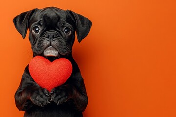 Commercial concept art. Cute boxer pup with furry friend toy red heart - sign of love, funny greeting card. Boxer - my desired dog. February love animal photography. February 14 photos.