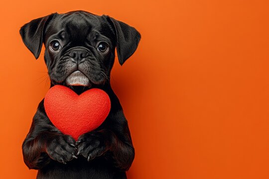 Commercial concept art. Cute boxer pup with furry friend toy red heart - sign of love, funny greeting card. Boxer - my desired dog. February love animal photography. February 14 photos.