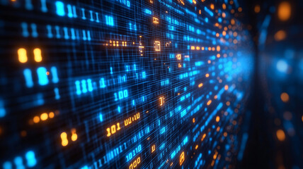 Obraz premium vibrant digital background featuring glowing blue and orange binary code, representing data flow and technology. image conveys sense of innovation and connectivity