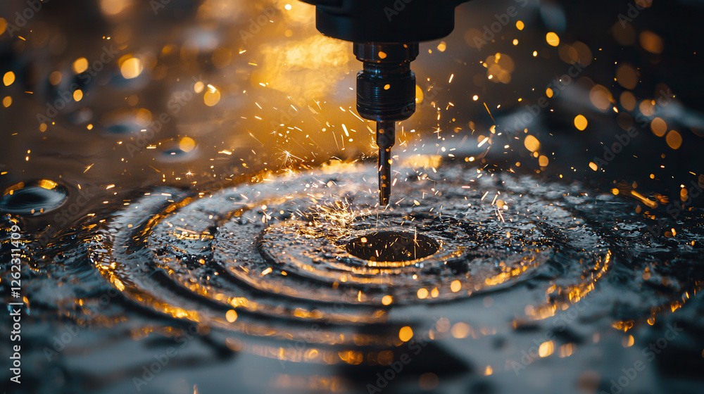 Poster precision cnc machining creates intricate designs with sparks and water droplets. scene captures bea