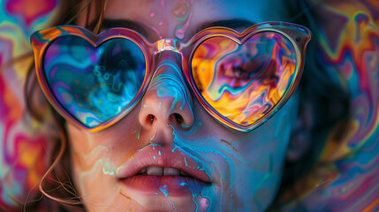 Obraz premium A close-up of a person wearing oversized, heart-shaped sunglasses, with the lenses reflecting a psychedelic world of swirling colors, symbolizing freedom, creativity, and vibrant energy.