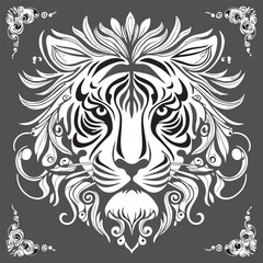 Decorative set with animals, mandala, abstract lion, Mandala Lion Head Line Art Illustration