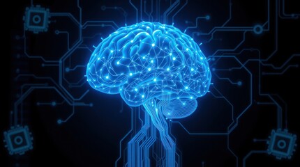 Digital Brain Illustration with Circuitry and Glowing Nodes Concept