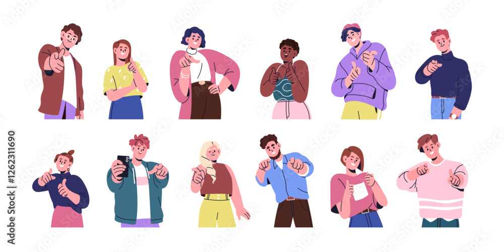 Poster happy characters pointing at you with inviting hand gesture. smiling people choosing, recruiting, hi