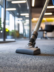 Professional cleaning of carpeted office space during day in modern workplace environment