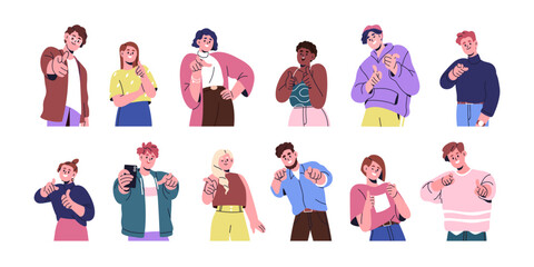 Happy characters pointing at you with inviting hand gesture. Smiling people choosing, recruiting, hiring, wanting with finger, indicating choice. Flat vector illustration isolated on white background