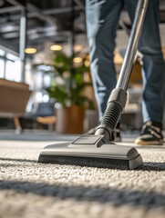 Vacuuming carpet in a modern office space during daylight hours to maintain cleanliness and hygiene