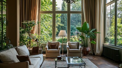 Fototapeta premium Serene Living Room with Garden View: Luxurious Interior Design