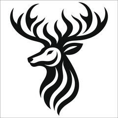 Tribal Deer Head Logo – Artistic Black and White Deer Silhouette with Intricate Antlers, Wildlife Tattoo Design, Minimalist Vector for Logos, Branding, and Graphic Art