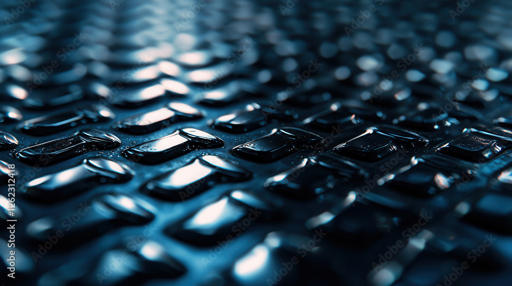 Poster intricate close up of textured steel surface with water droplets reflecting light, creating captivat