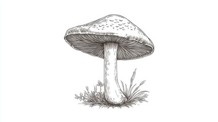 Illustration of a single mushroom. The mushroom is detailed, showcasing its cap and stem. Mushroom drawing in a simple, elegant style. Mushroom art piece. Vector isolated on white.