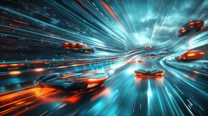 Futuristic Vehicles Racing Through Neon Lit Corridor in High Velocity with Dynamic Light Trails