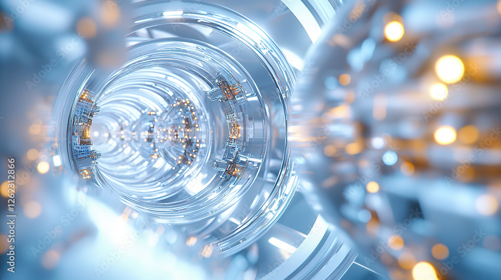 Poster intricate view of futuristic metallic tunnel with glowing lights, creating mesmerizing effect