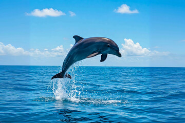Fototapeta premium Playful Dolphin Leaping Joyfully from Ocean Waves. Majestic Marine Life Celebrating Freedom in Natural Habitat. Serene Scene of Nature's Graceful Creatures...