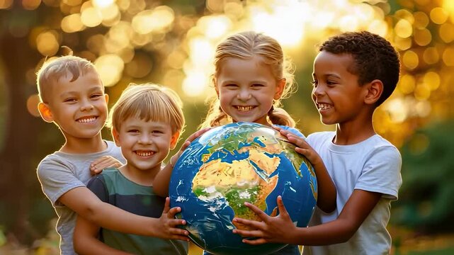 children hold a globe on the background of nature. selective focus