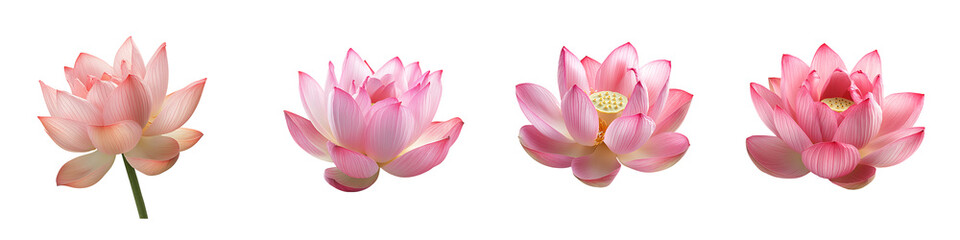 Fototapeta premium Set of Beautiful Pink Lotus Flower in Full Bloom Isolated on Transparent Background